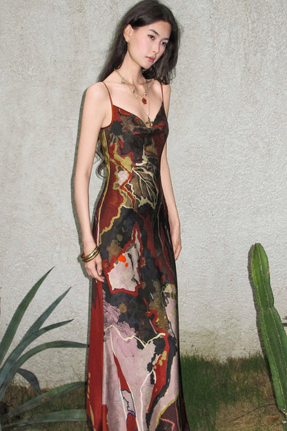 Red Oil Painting Satin Cowl Neck Dress