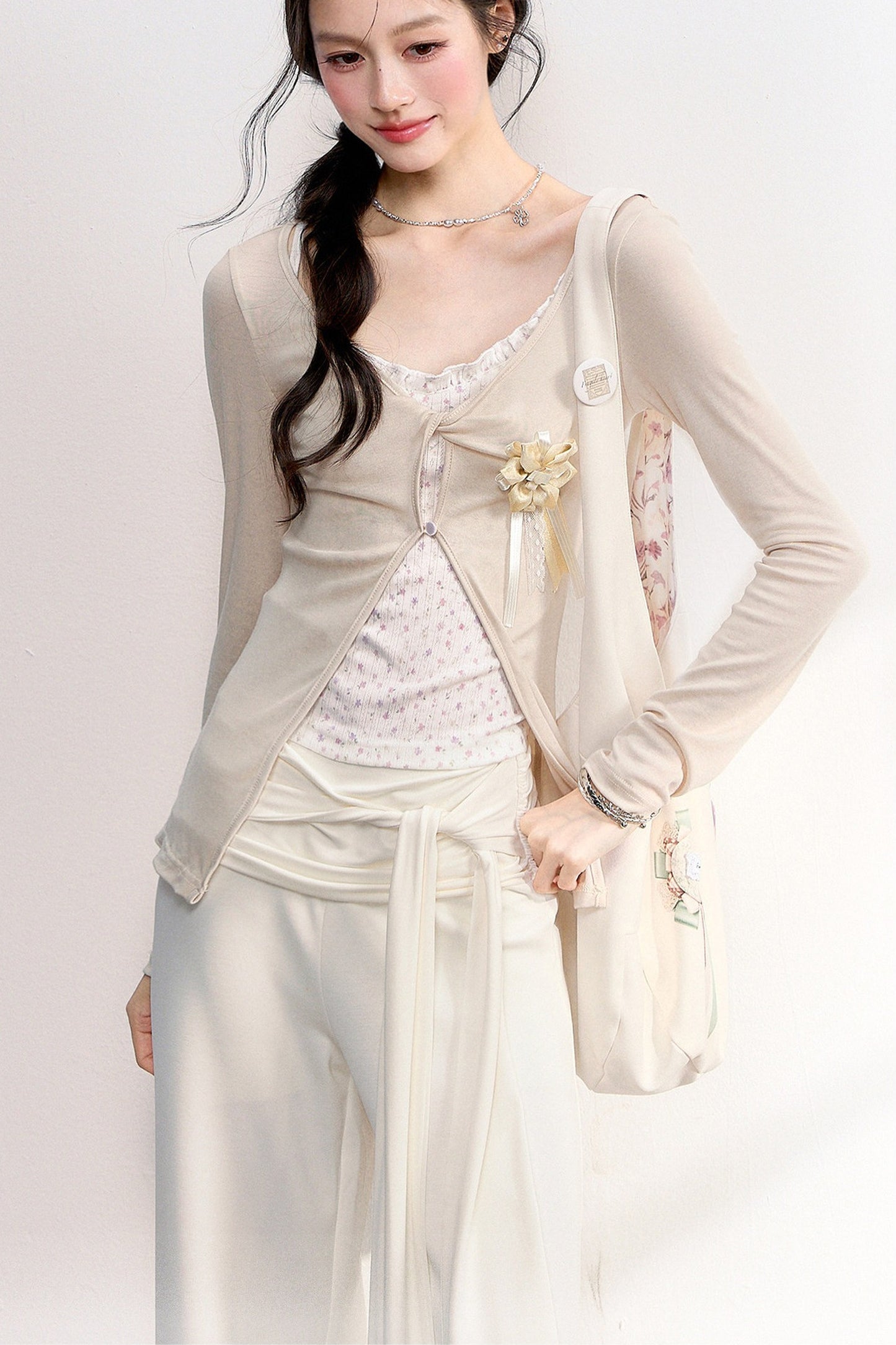 Pink Purple Floral Camisole And Cardigan Set-Up