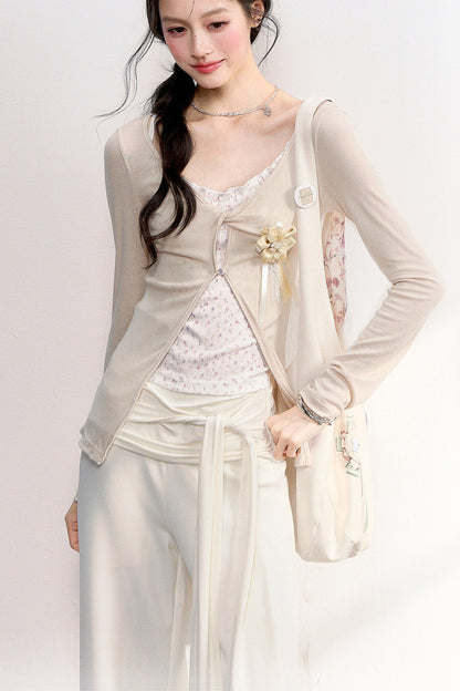 Pink Purple Floral Camisole And Cardigan Set-Up