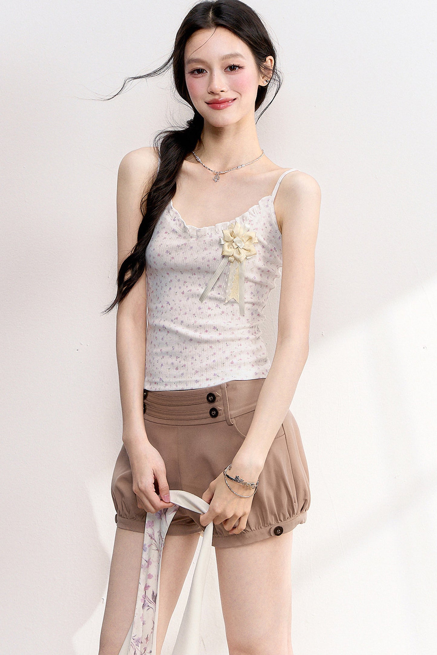 Pink Purple Floral Camisole And Cardigan Set-Up