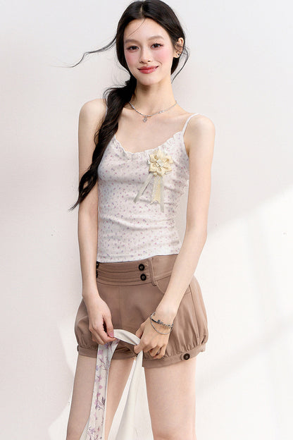 Pink Purple Floral Camisole And Cardigan Set-Up