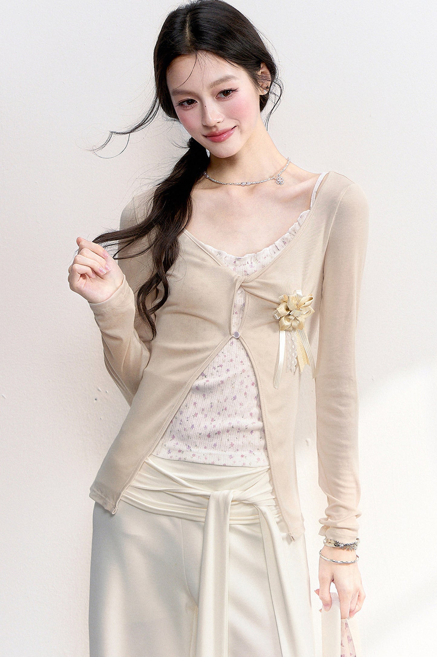 Pink Purple Floral Camisole And Cardigan Set-Up