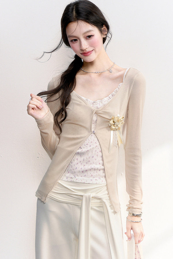 Pink Purple Floral Camisole And Cardigan Set-Up