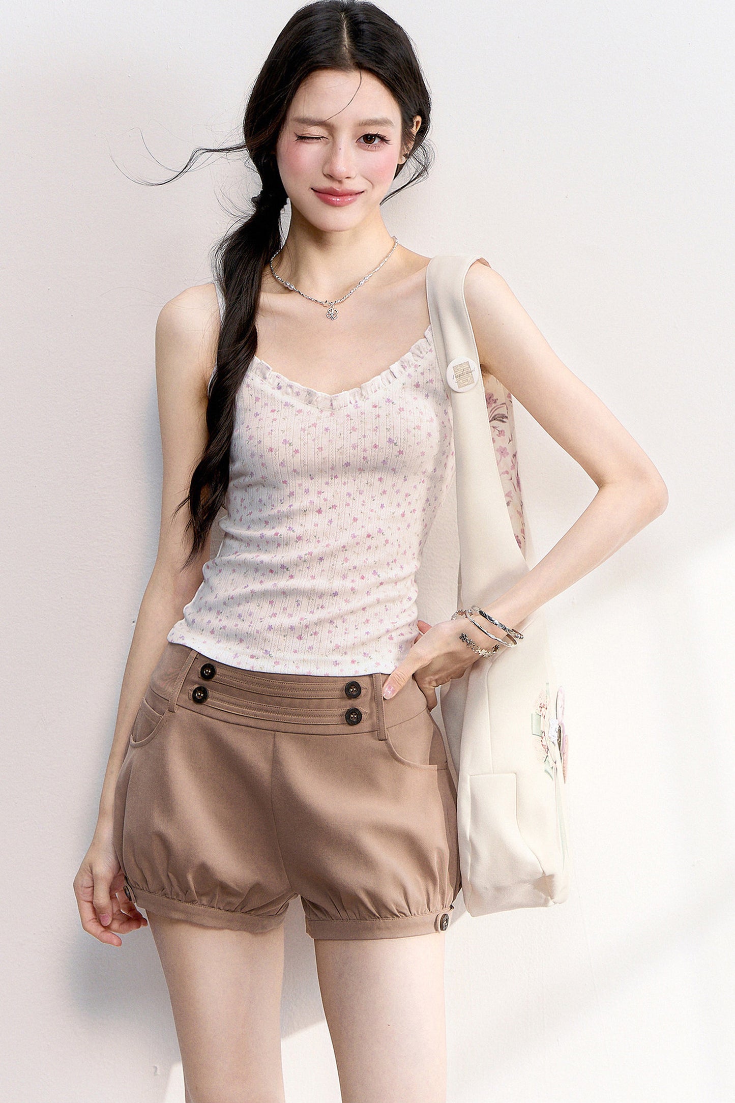 Pink Purple Floral Camisole And Cardigan Set-Up