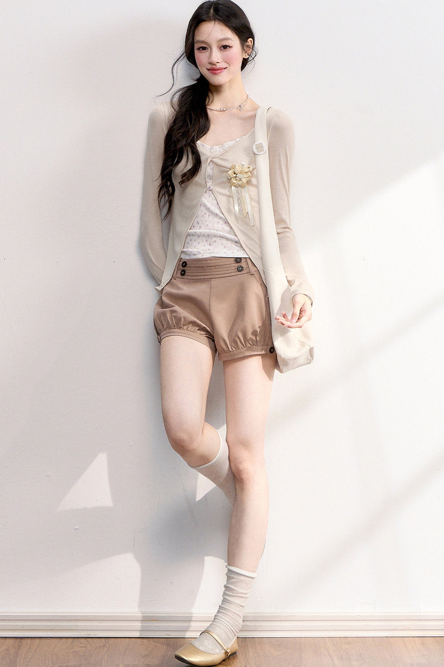 Pink Purple Floral Camisole And Cardigan Set-Up