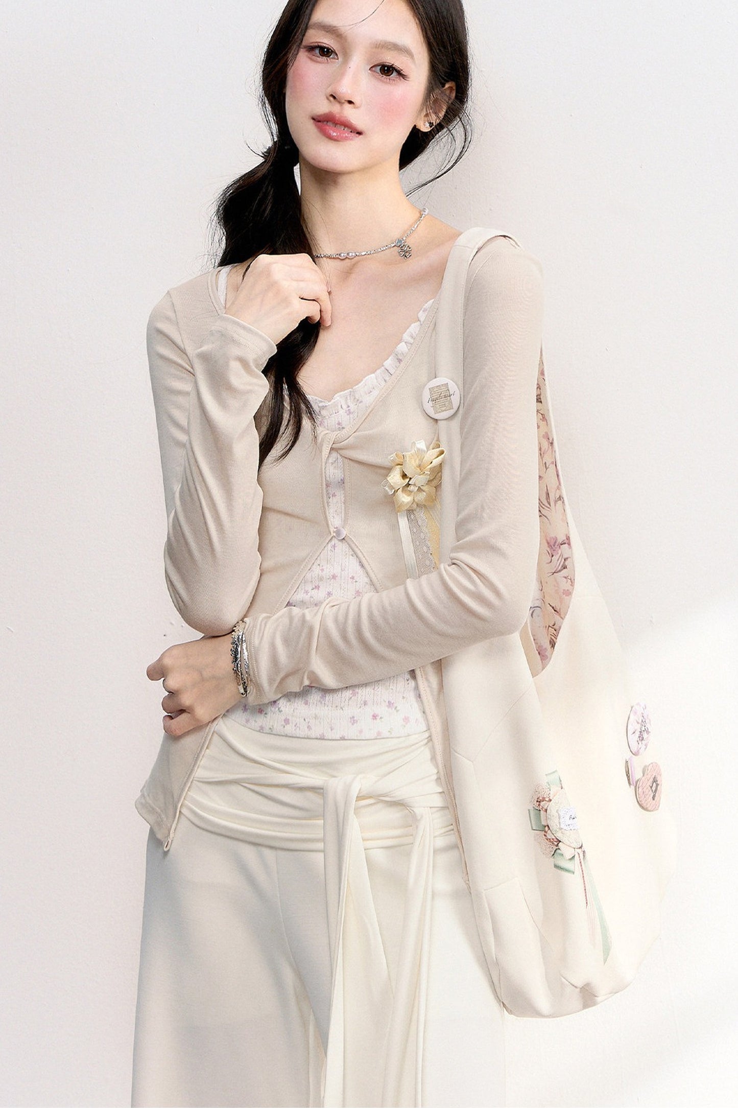 Pink Purple Floral Camisole And Cardigan Set-Up