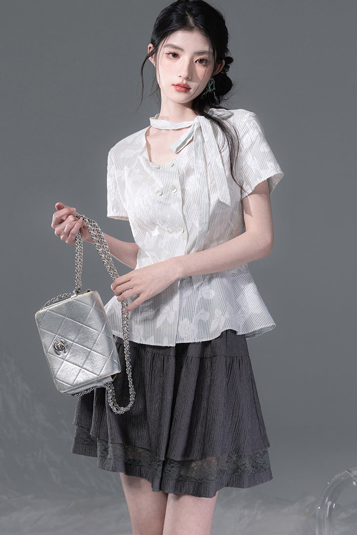 Light Gray-Green Double-Breasted Blouse