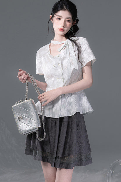 Light Gray-Green Double-Breasted Blouse