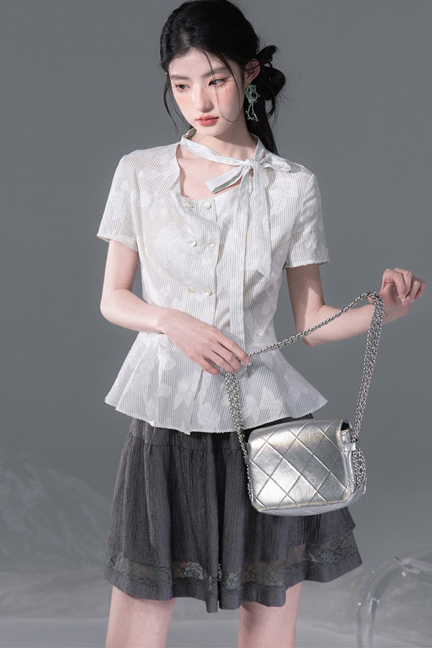 Light Gray-Green Double-Breasted Blouse
