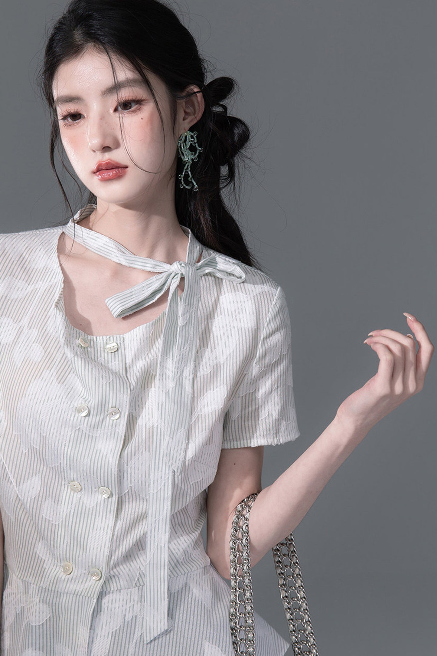Light Gray-Green Double-Breasted Blouse