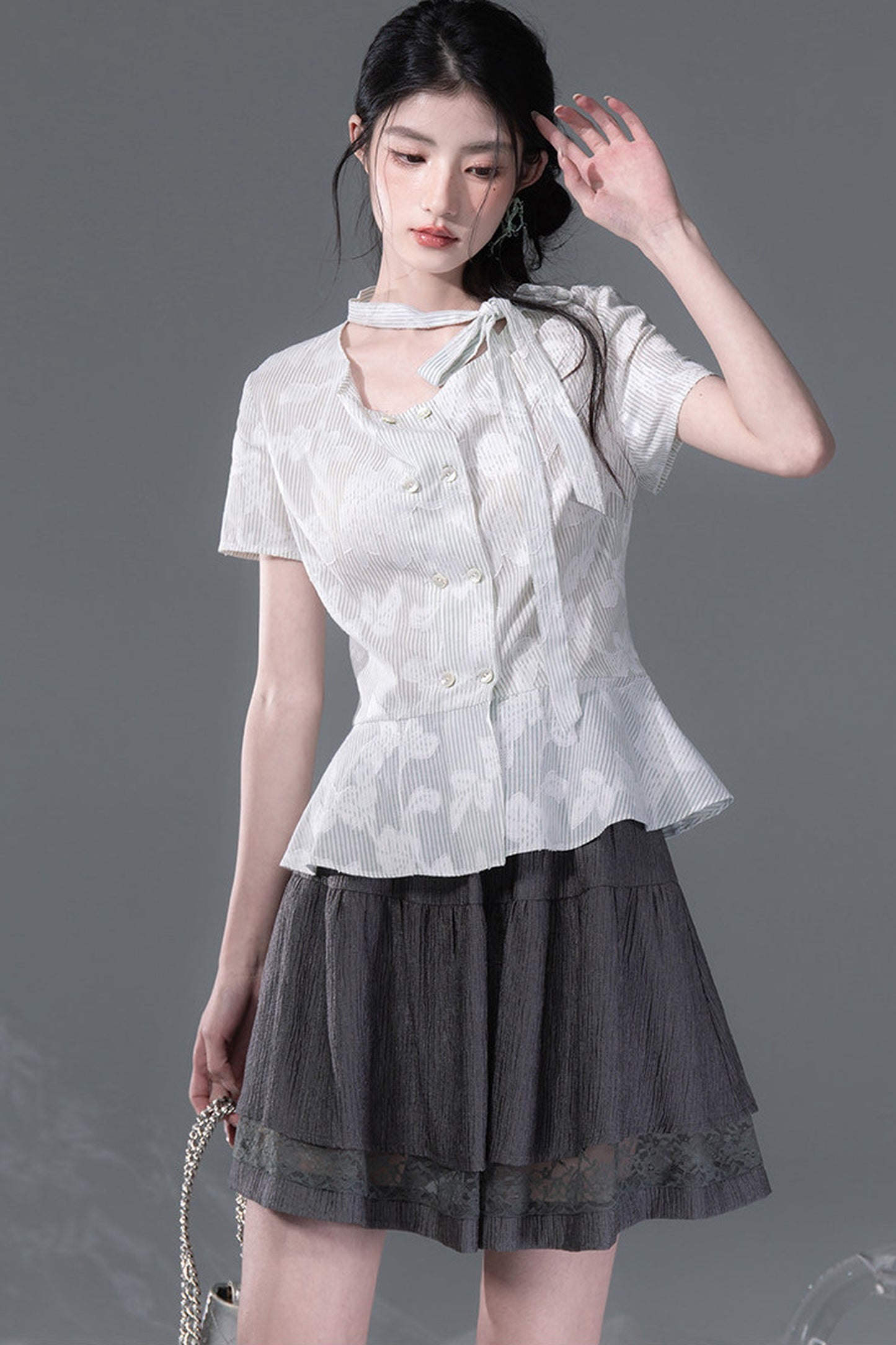 Light Gray-Green Double-Breasted Blouse