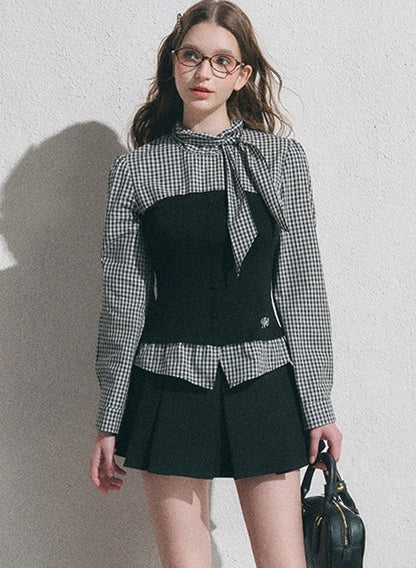 Bow Tie Spliced Shirt and Pleated Mini Skirt Set-Up