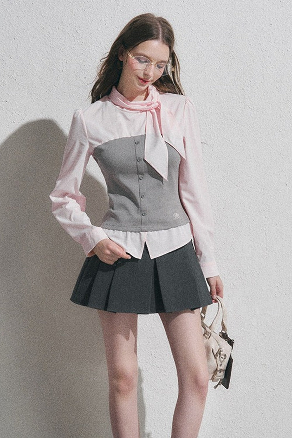 Bow Tie Spliced Shirt and Pleated Mini Skirt Set-Up