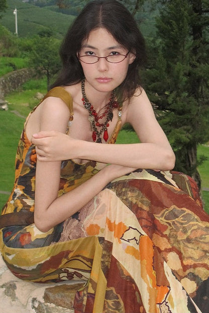 Abstract Print Beaded Strap Slip Dress