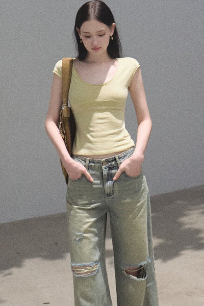 Vintage Distressed Ripped Denim Long Pants