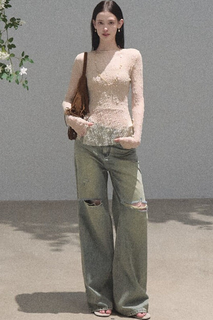 Vintage Distressed Ripped Denim Long Pants