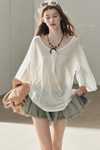Loose Sheer Knotted Cover-Up Top
