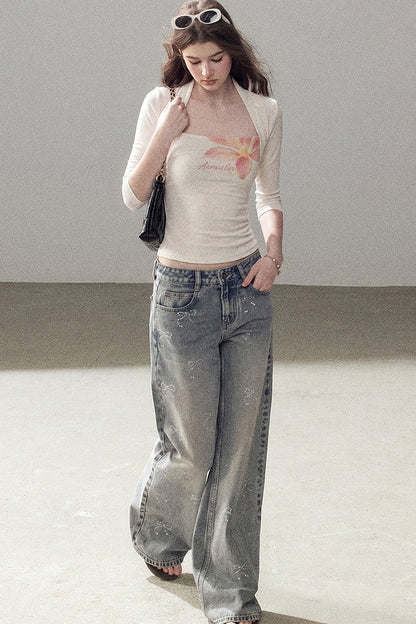 Top cardigan a maniche corte con stampa floreale