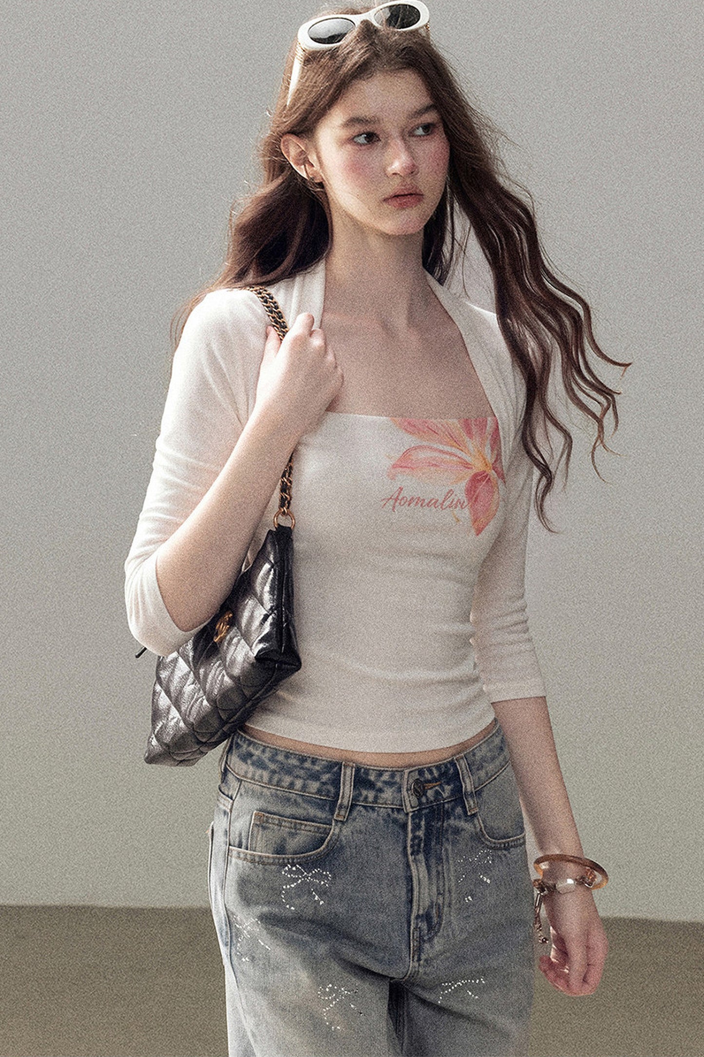 Top cardigan a maniche corte con stampa floreale