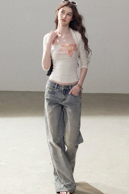 Top cardigan a maniche corte con stampa floreale