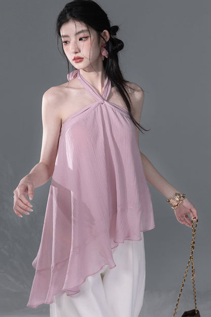 Lyocell asymmetrisches Neckholder-Top mit Rüschensaum