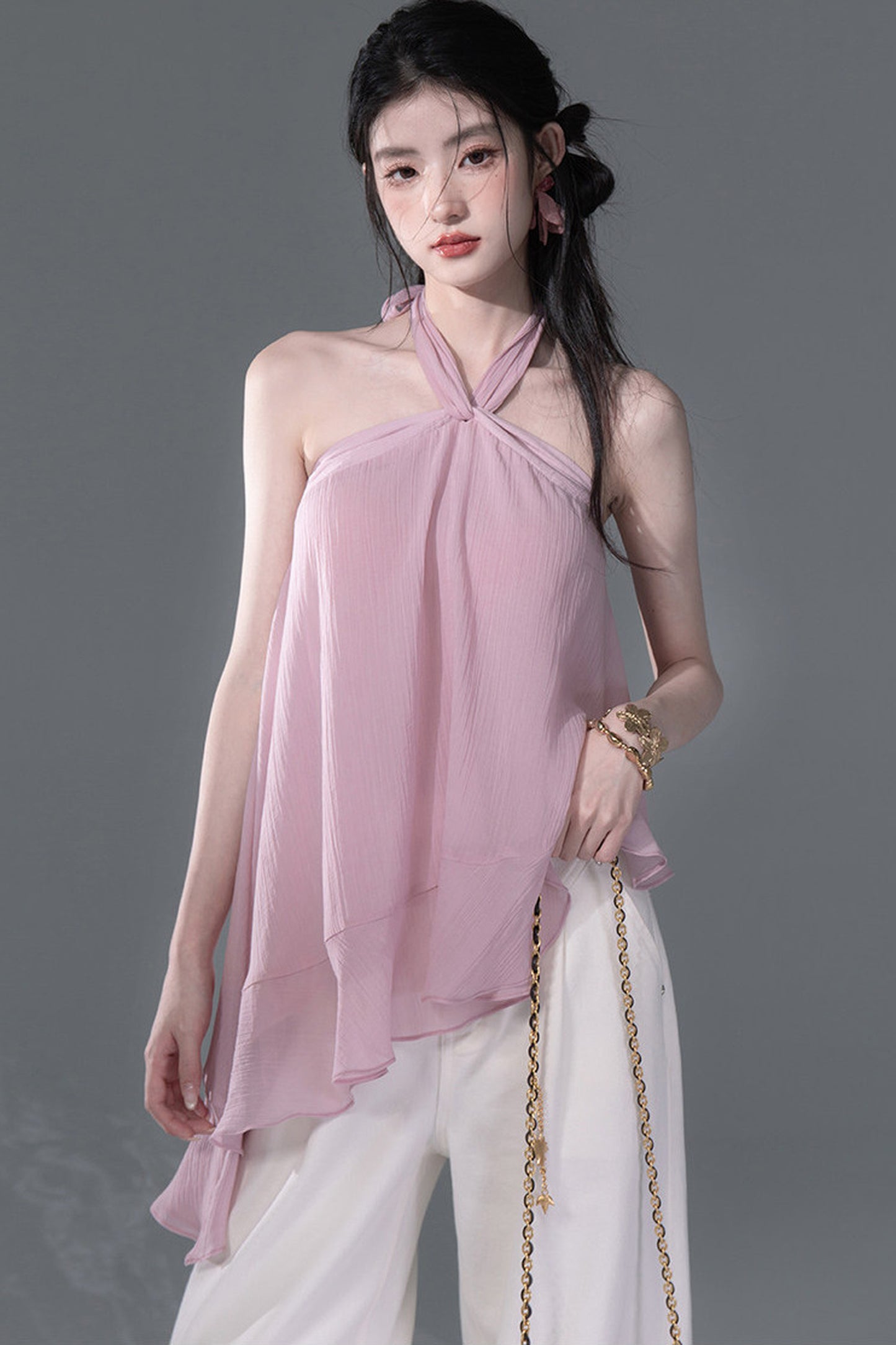 Lyocell asymmetrisches Neckholder-Top mit Rüschensaum