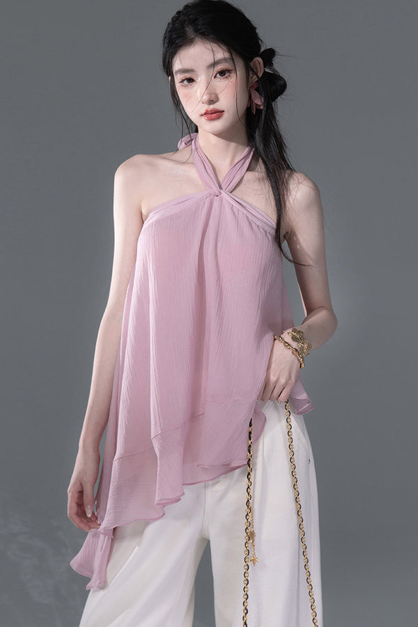 Lyocell asymmetrisches Neckholder-Top mit Rüschensaum