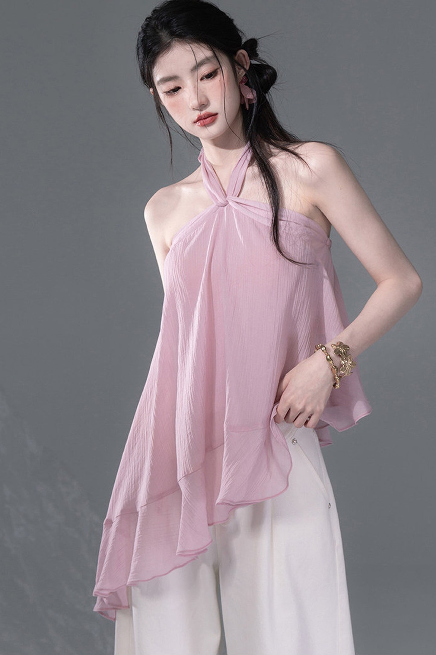 Lyocell asymmetrisches Neckholder-Top mit Rüschensaum