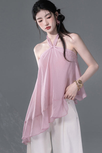 Lyocell asymmetrisches Neckholder-Top mit Rüschensaum