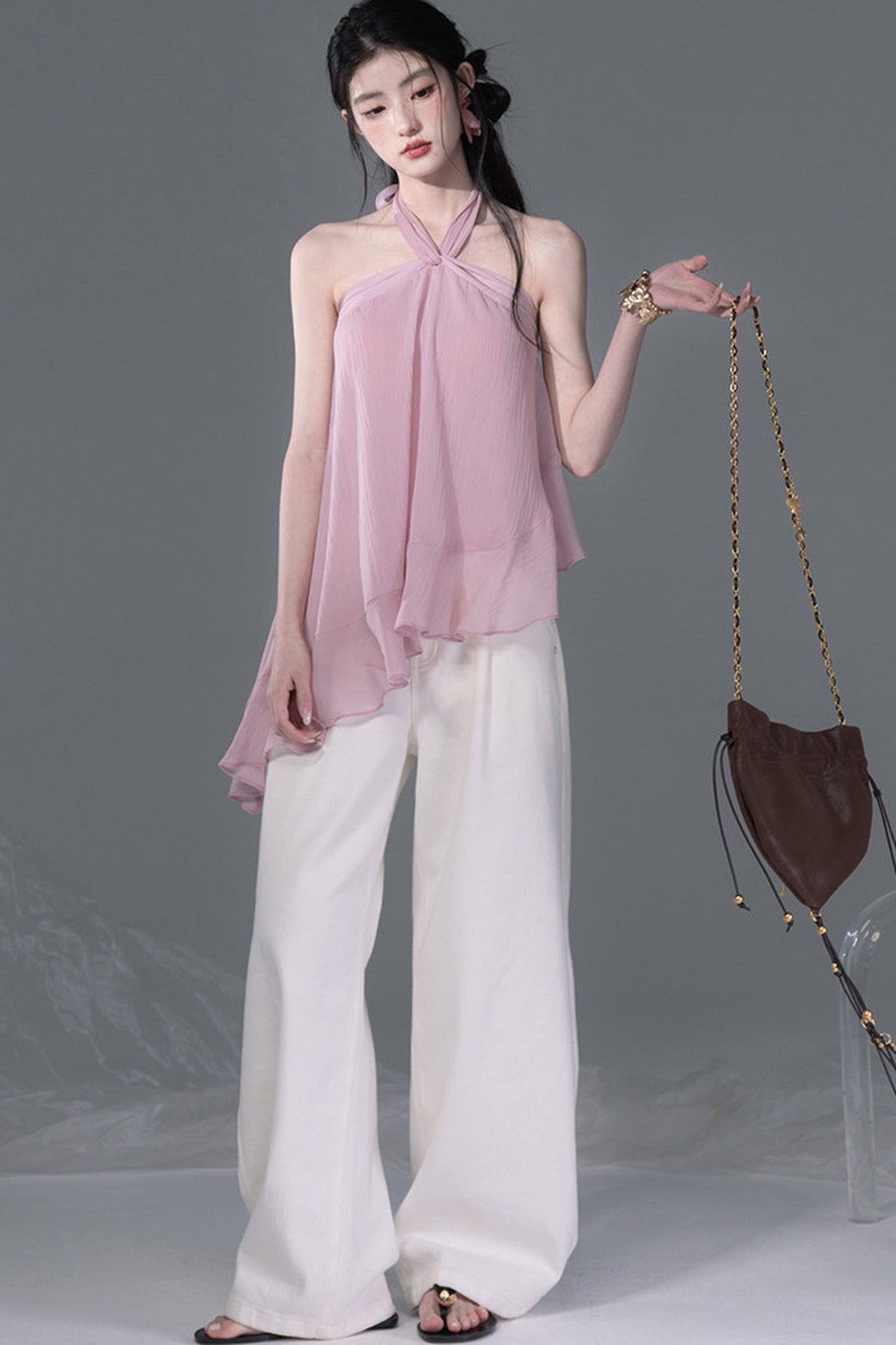 Lyocell asymmetrisches Neckholder-Top mit Rüschensaum