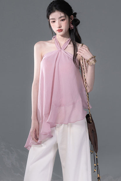 Lyocell asymmetrisches Neckholder-Top mit Rüschensaum