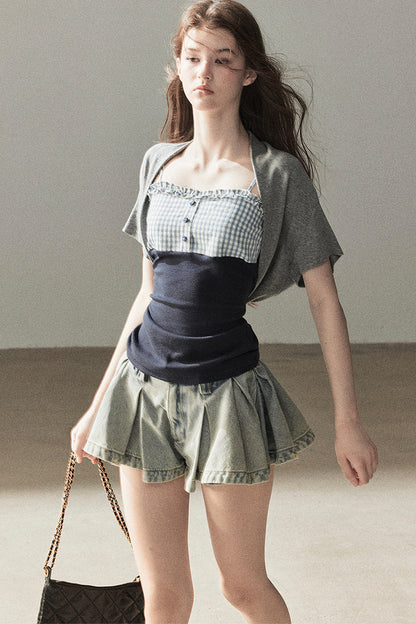 A-Line Pleated Denim Skirt