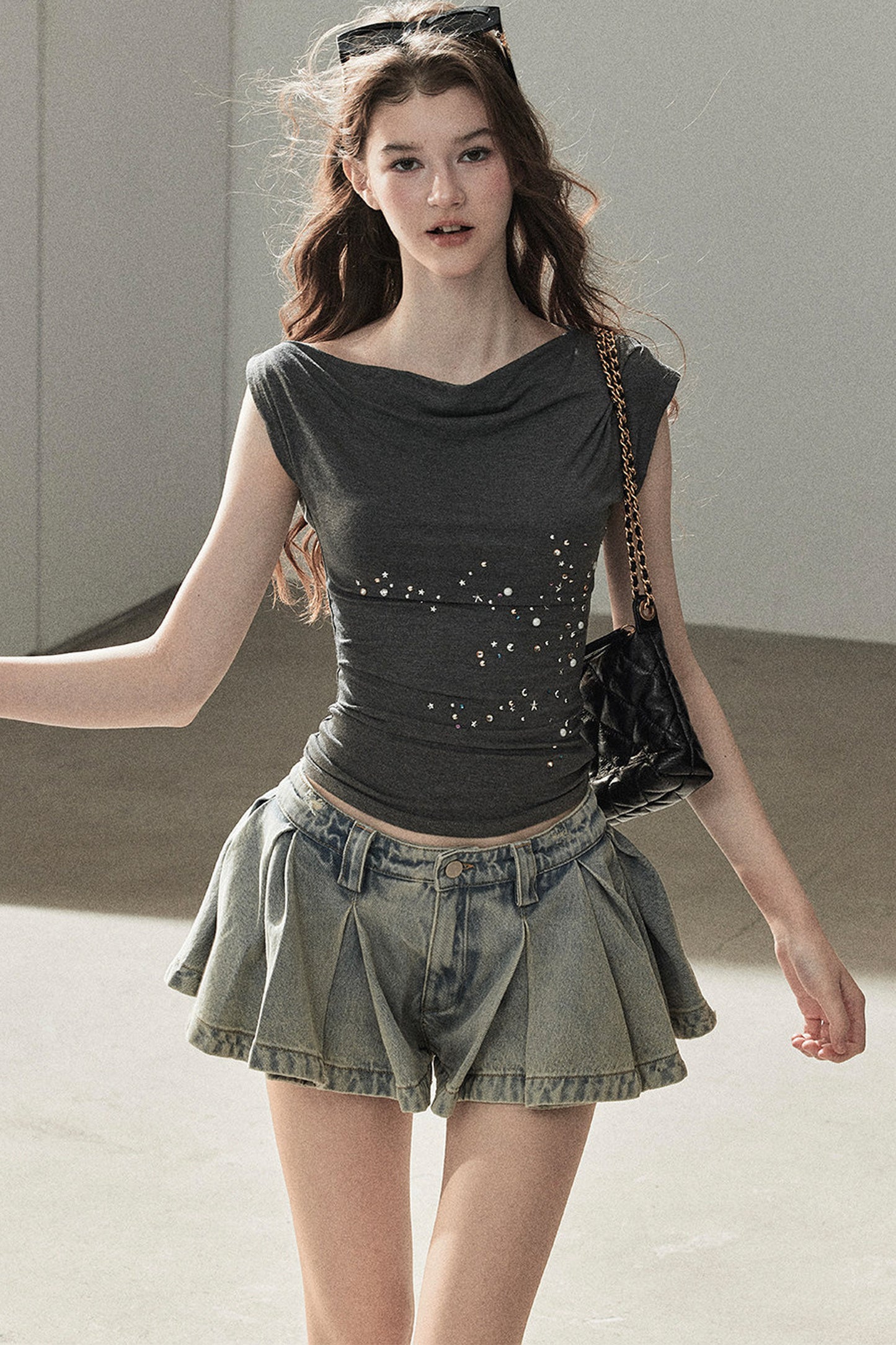 A-Line Pleated Denim Skirt