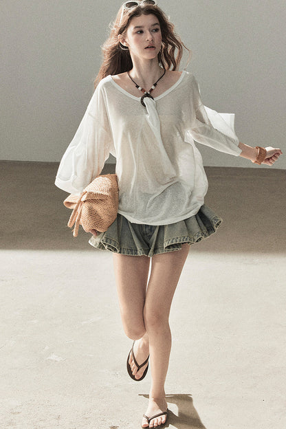 A-Line Pleated Denim Skirt