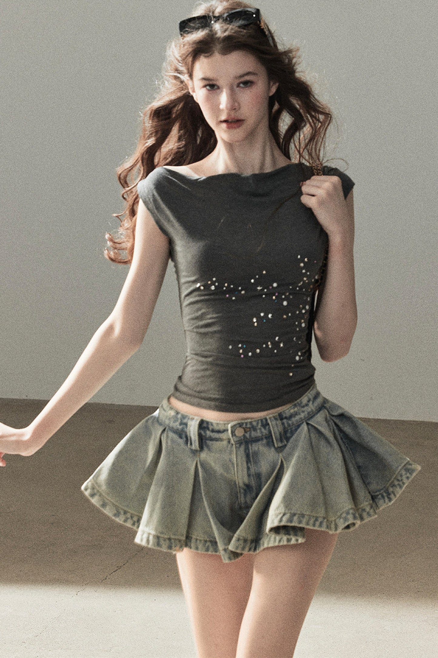 A-Line Pleated Denim Skirt