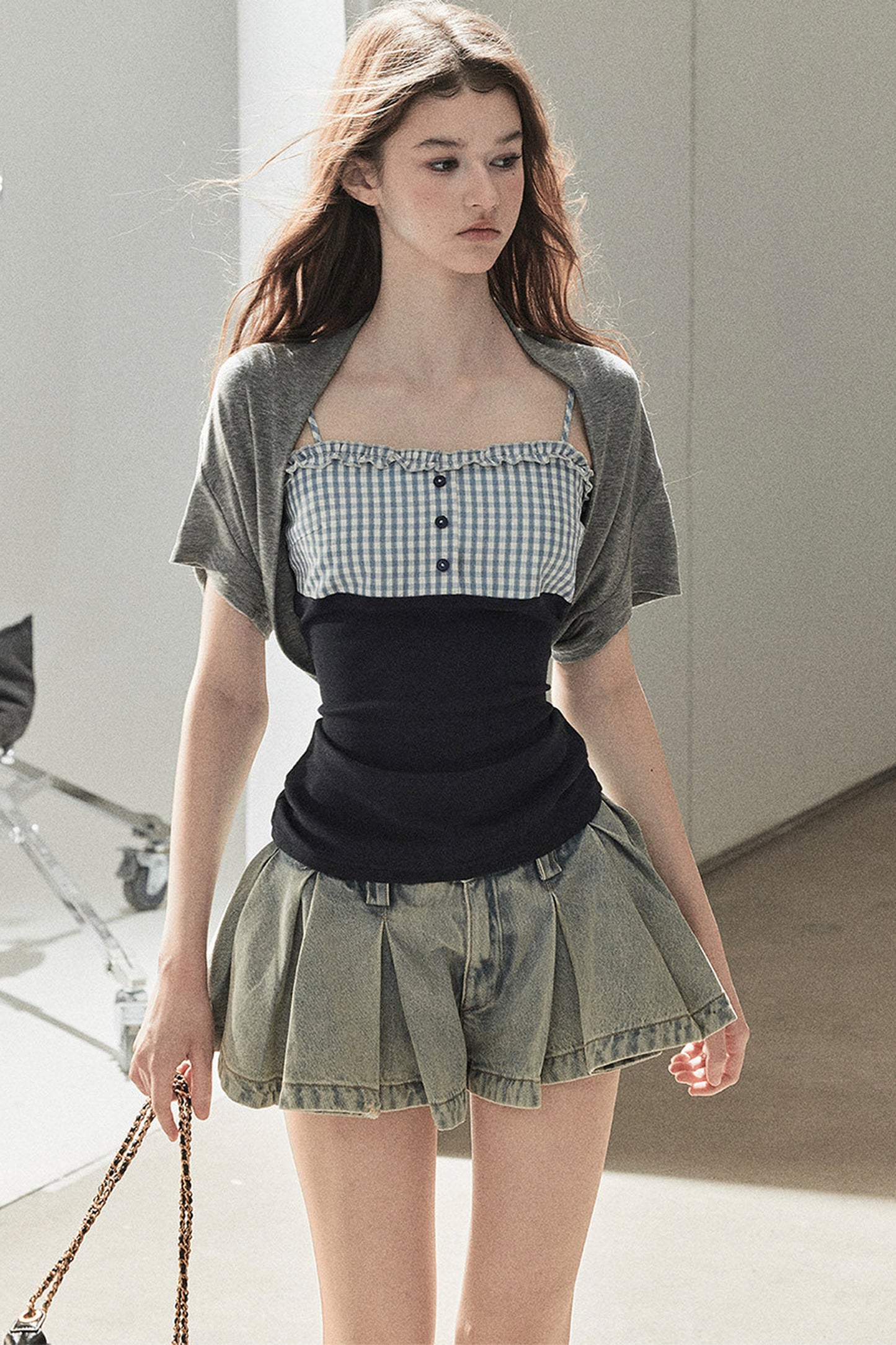 A-Line Pleated Denim Skirt