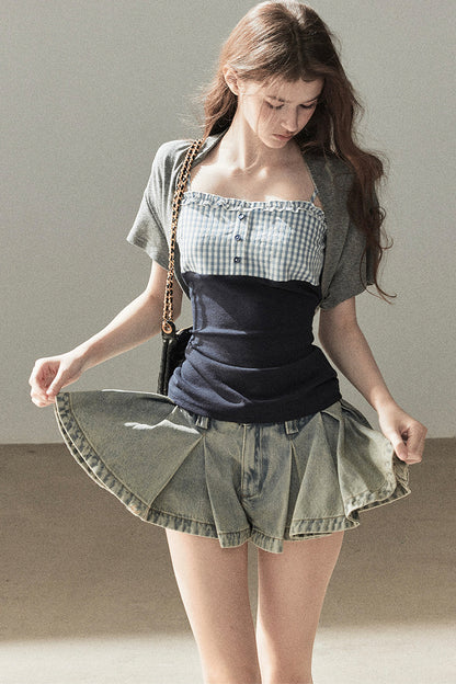 A-Line Pleated Denim Skirt