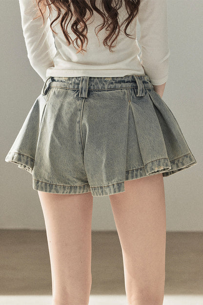 A-Line Pleated Denim Skirt