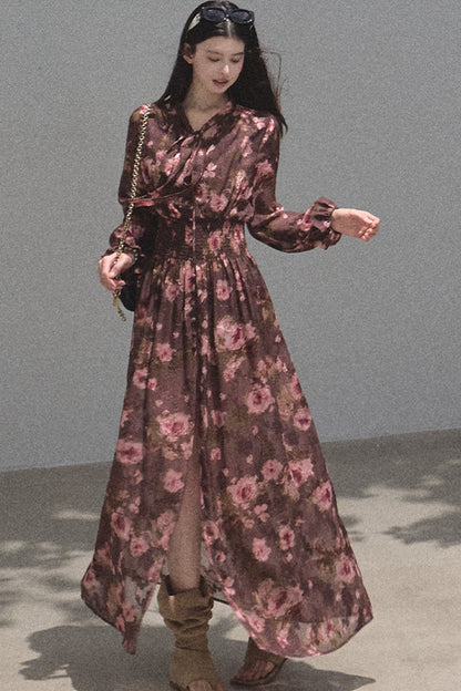 Long Sleeve Chiffon Floral Tie Waist Dress