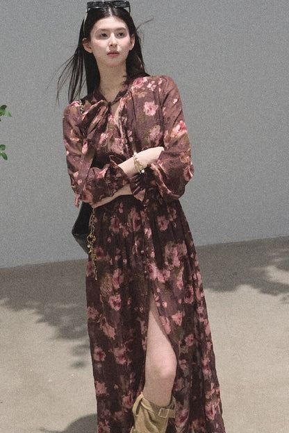 Long Sleeve Chiffon Floral Tie Waist Dress