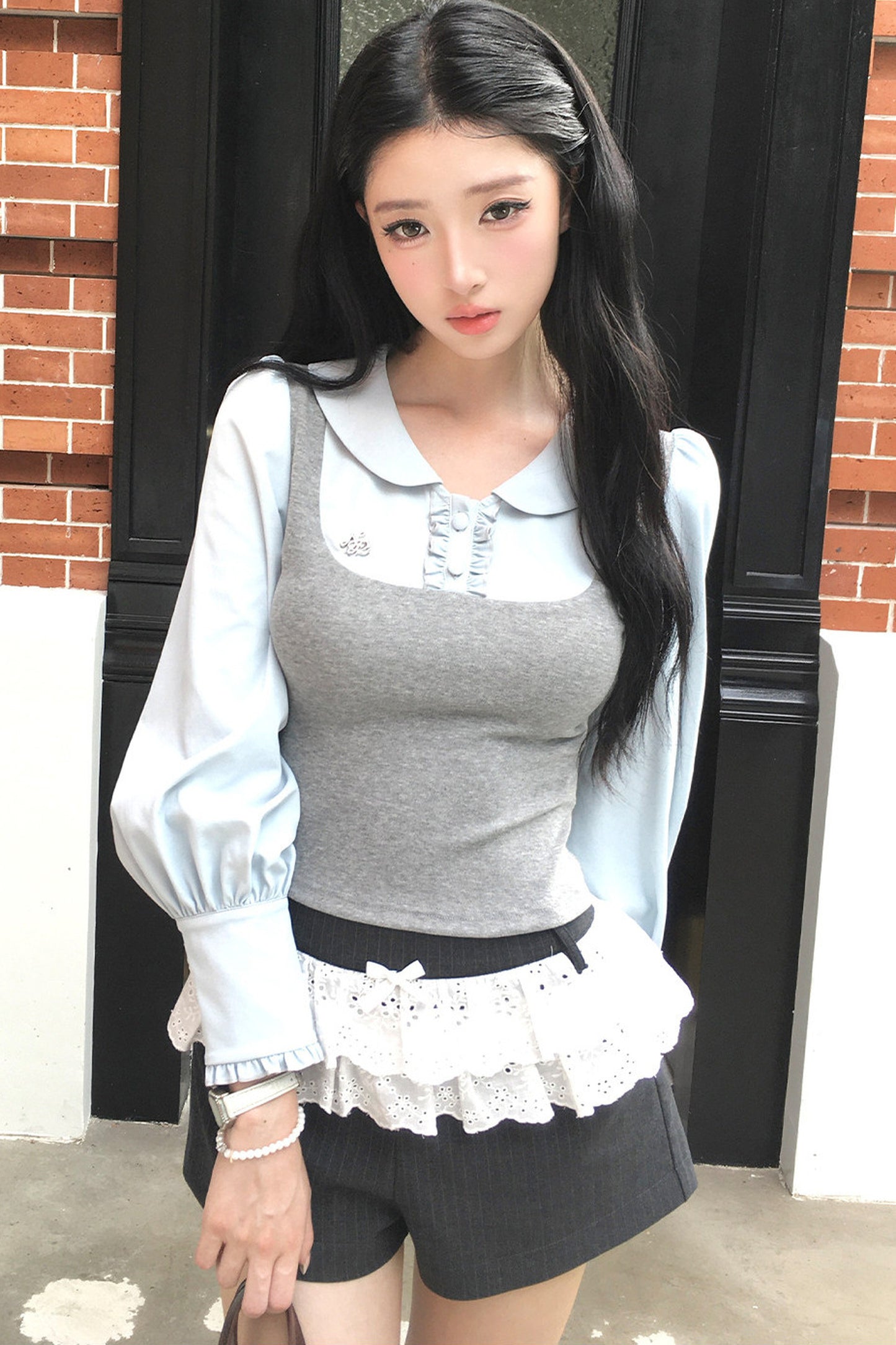 Patchwork Puff Sleeve Top and Shorts Set-Up