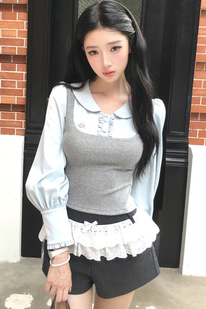 Patchwork Puff Sleeve Top and Shorts Set-Up