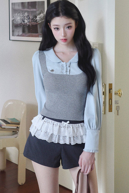 Patchwork Puff Sleeve Top and Shorts Set-Up