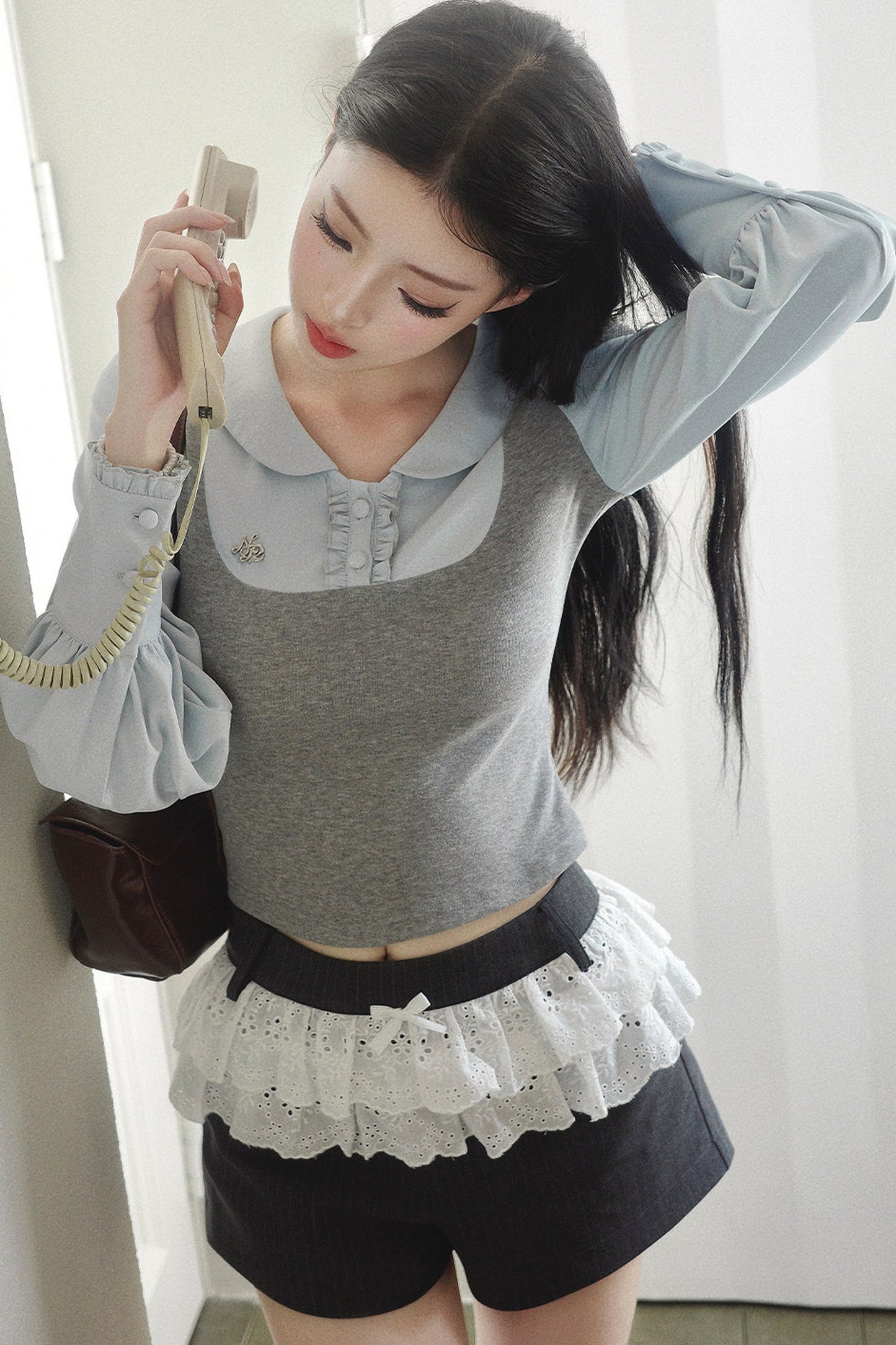 Patchwork Puff Sleeve Top and Shorts Set-Up