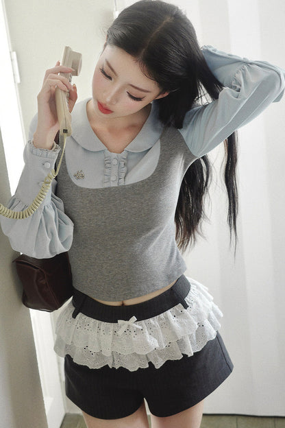 Patchwork Puff Sleeve Top and Shorts Set-Up