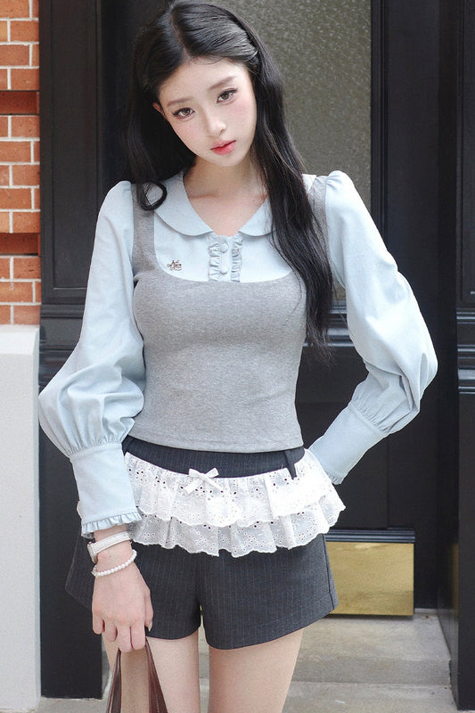 Patchwork Puff Sleeve Top and Shorts Set-Up
