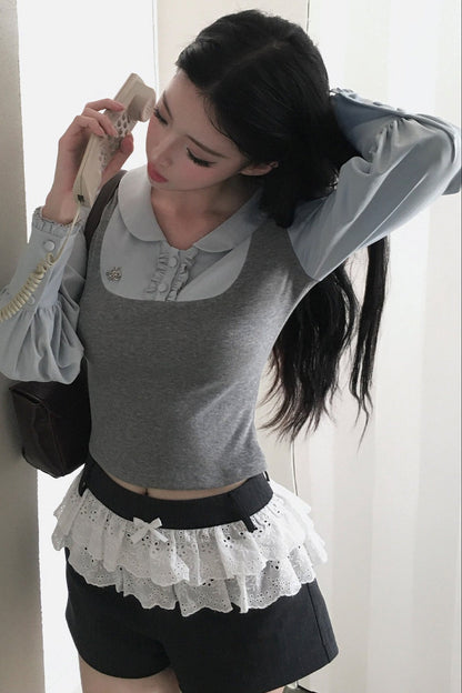 Patchwork Puff Sleeve Top and Shorts Set-Up