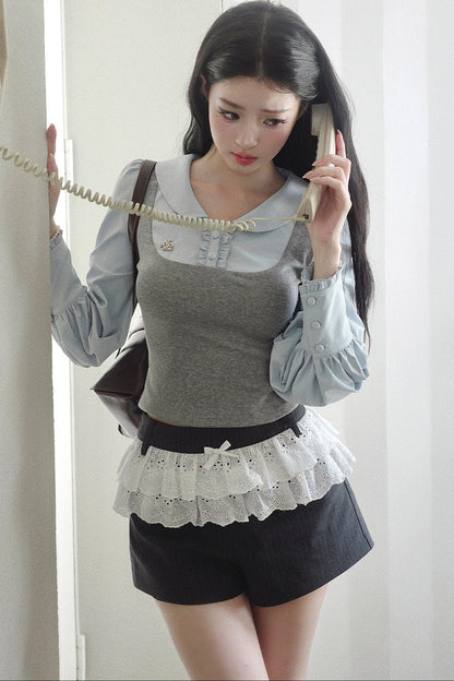 Patchwork Puff Sleeve Top and Shorts Set-Up