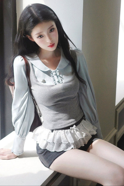 Patchwork Puff Sleeve Top and Shorts Set-Up