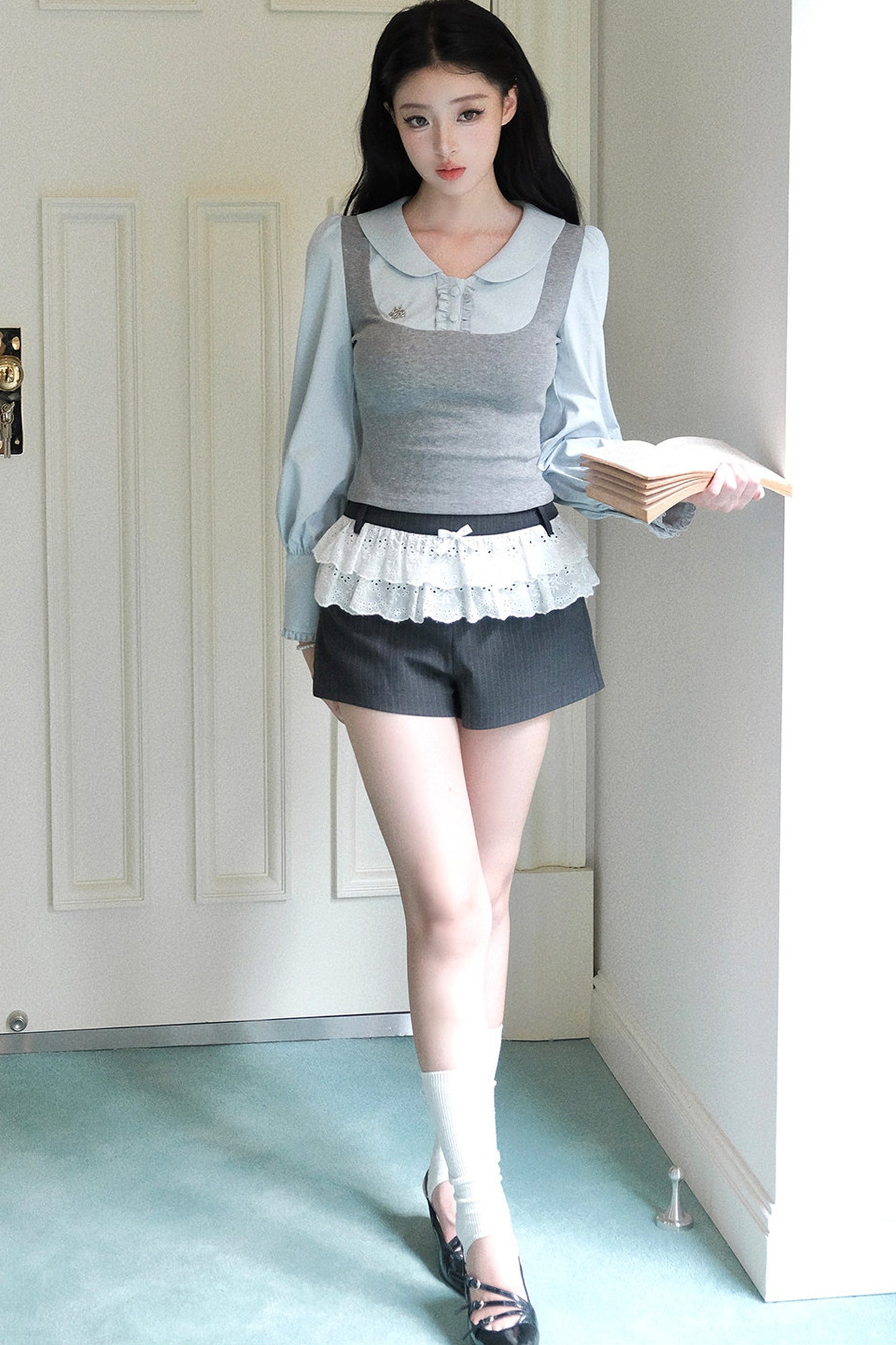 Patchwork Puff Sleeve Top and Shorts Set-Up
